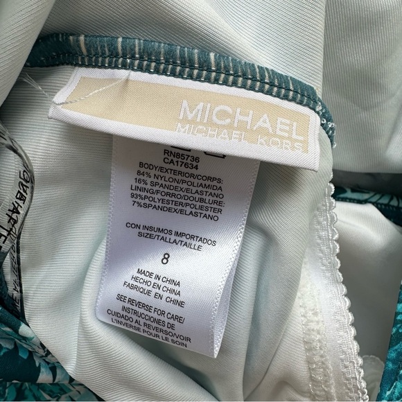 Michael Kors One-Shoulder Aqua Green Leaf Print Swimsuit, size 8 - Picture 6 of 7